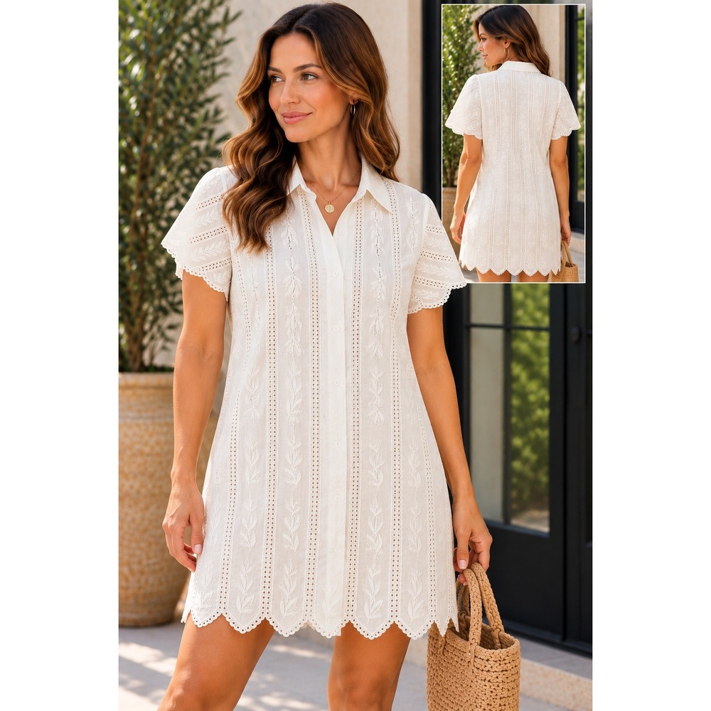 MIRTH Harbour Dress White Vine Eyelet Scallop Organic Cotton Shirtdress S